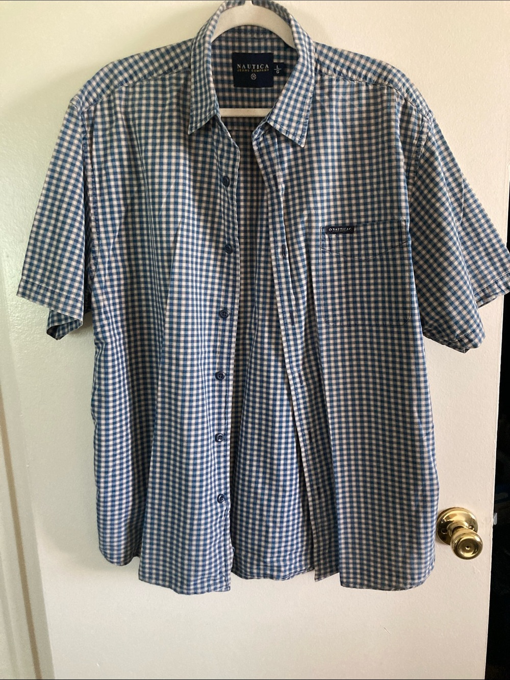 Nautica Men’s Blue & White Gingham Short Sleeve Button-Down